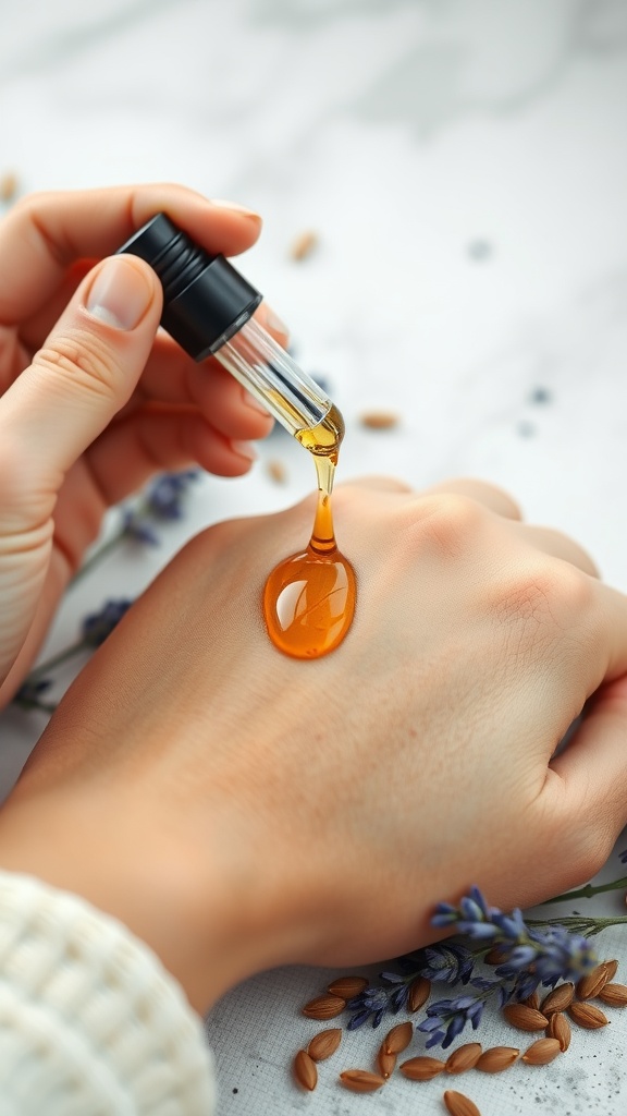 A hand holding a dropper bottle of facial oil, with a droplet falling onto the skin, surrounded by lavender and seeds.