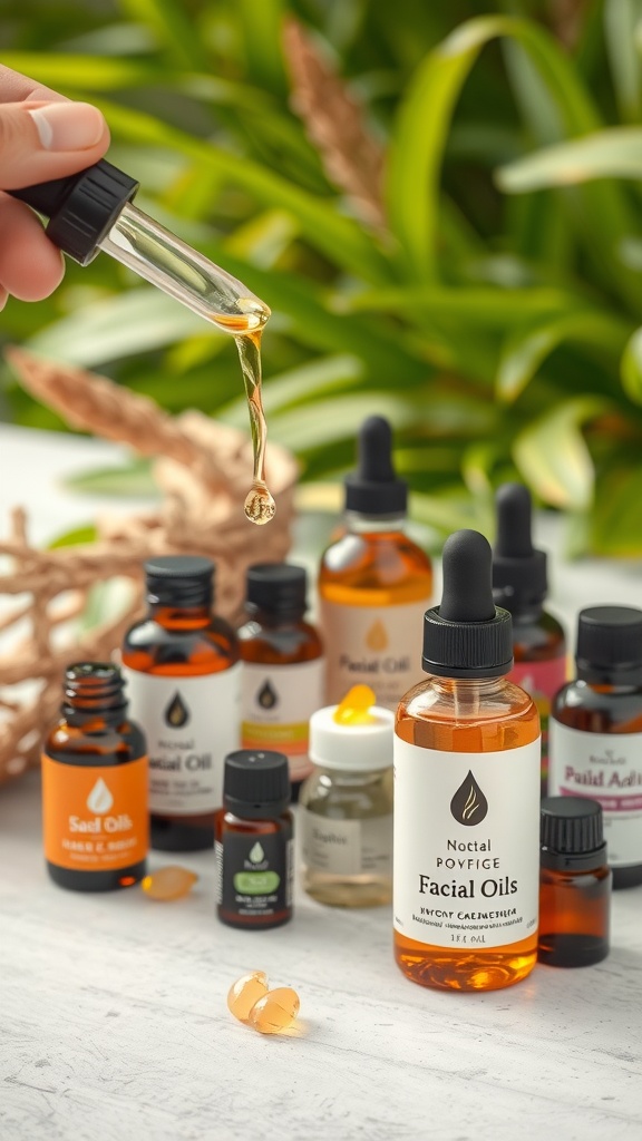 A collection of various facial oils with a dropper, surrounded by greenery.