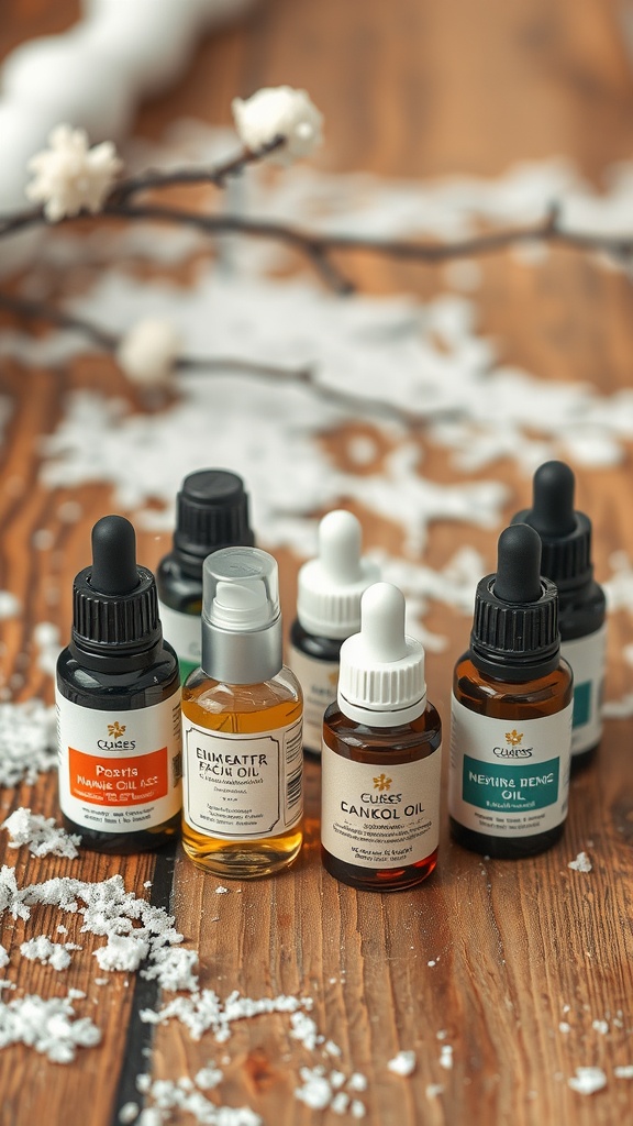 Various facial oils displayed on a wooden surface with faux snow.