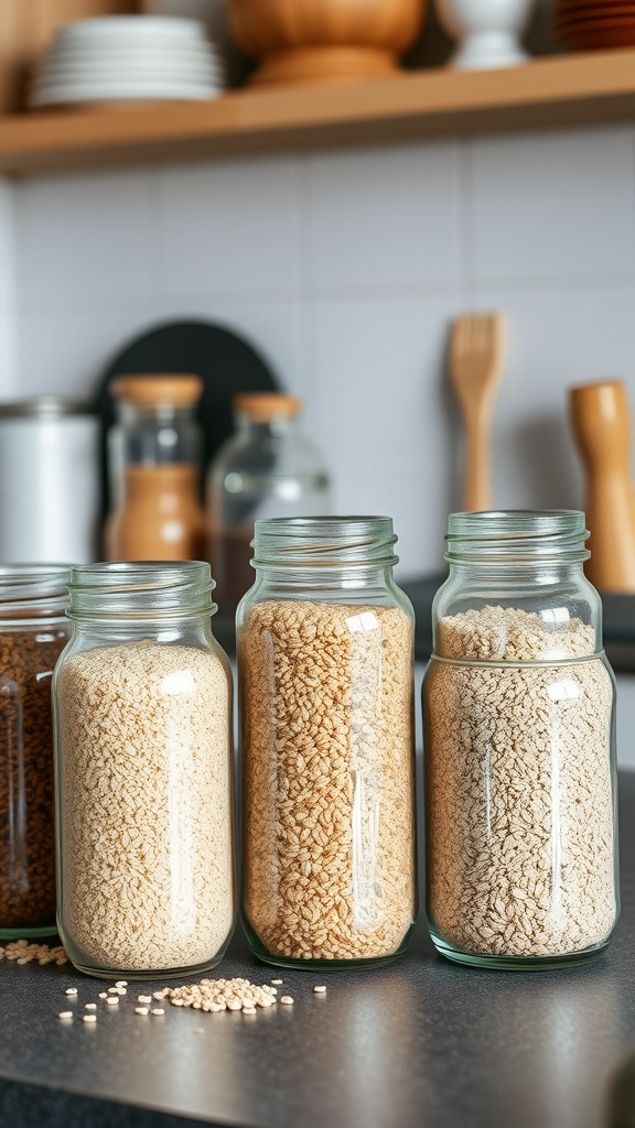 Jars of various grains on a kitchen counter