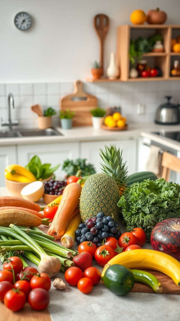 A colorful assortment of fresh fruits and vegetables displayed in a bright kitchen, symbolizing healthy eating habits.