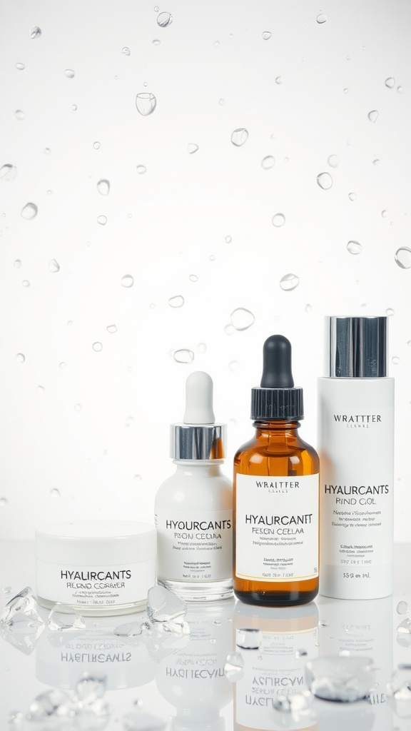 A display of skincare products featuring humectants, with water droplets in the background.