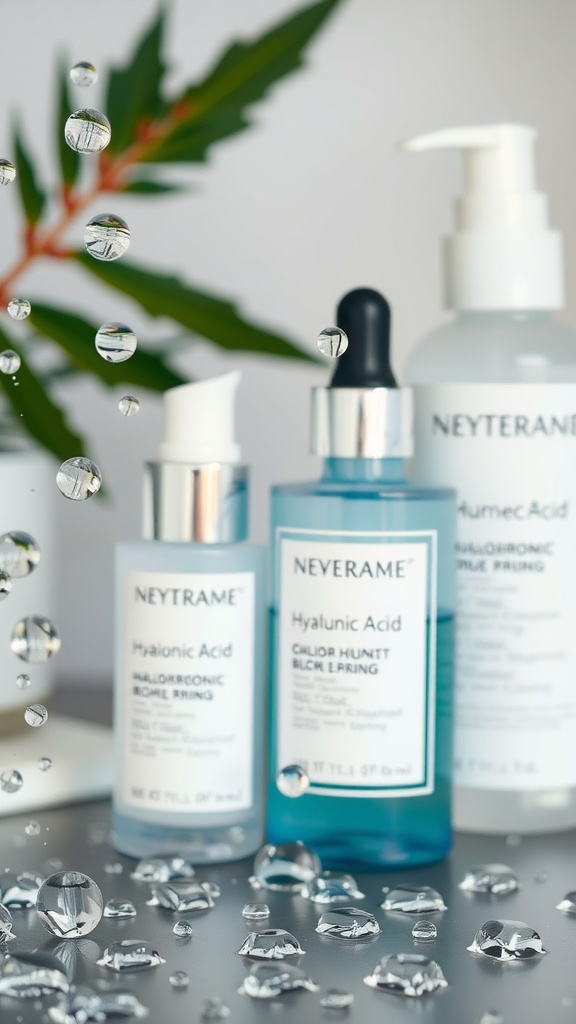 A selection of skincare products featuring bottles of hyaluronic acid and other humectants, with water droplets in the foreground.