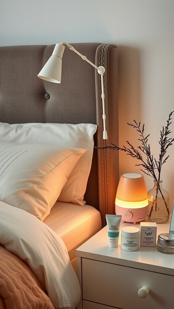 A cozy bedroom with a humidifier, soft lamp lighting, and skincare products on a nightstand.