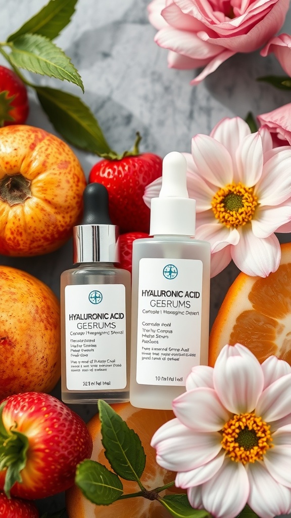 Two bottles of hyaluronic acid serum surrounded by fresh fruits and flowers on a marble surface.