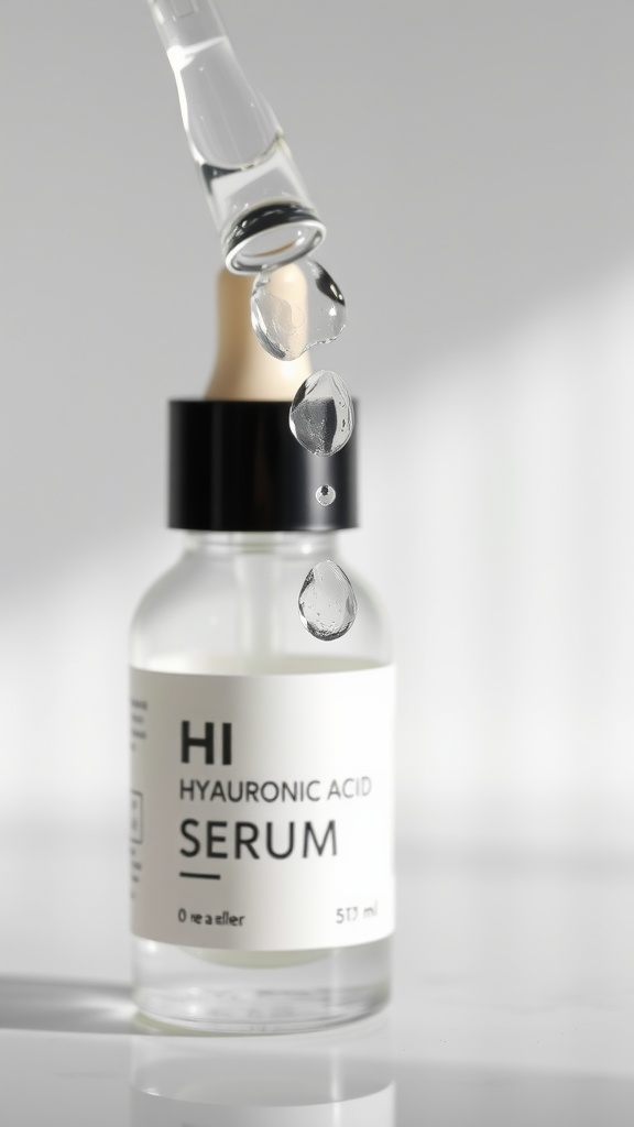 A clear dropper bottle of hyaluronic acid serum with droplets falling from the pipette.