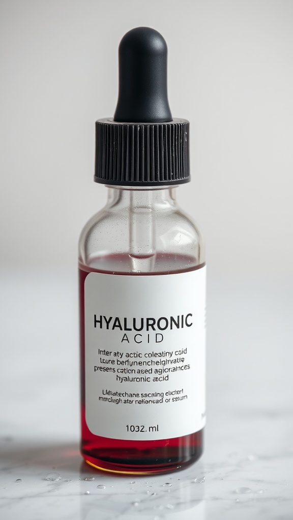 A bottle of hyaluronic acid serum with a dropper.