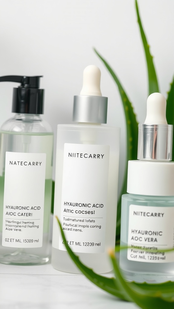 Three skincare products featuring hydrating ingredients like hyaluronic acid and aloe vera.