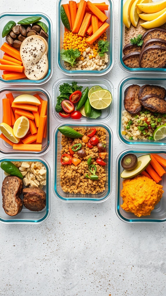 Colorful meal prep containers filled with fresh vegetables, grains, and proteins.