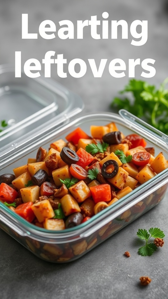 Colorful leftover vegetable mix in a glass container