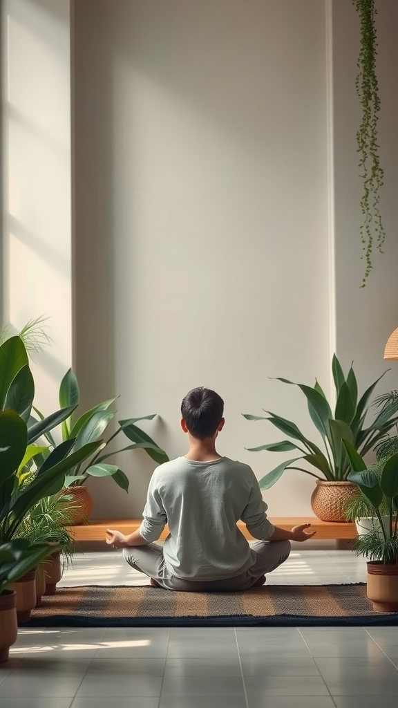 A person meditating in a serene indoor space surrounded by plants.