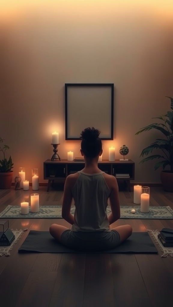 A person meditating in a serene space with candles and plants.