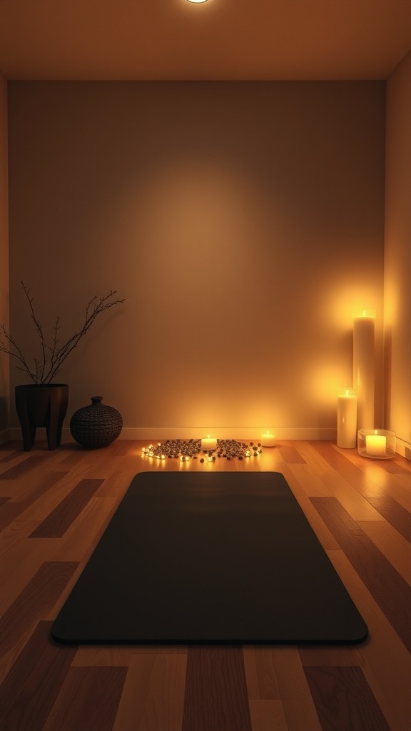 A cozy mindfulness space with a yoga mat, candles, and warm lighting.