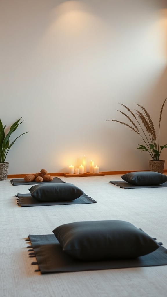 A tranquil meditation space featuring cushions, candles, and plants.