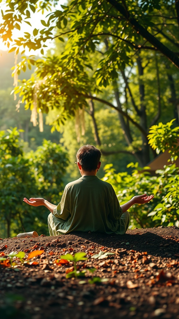 A person meditating in a serene green setting, embodying mindfulness practices.