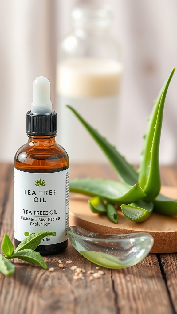A bottle of tea tree oil next to aloe vera leaves and a glass container