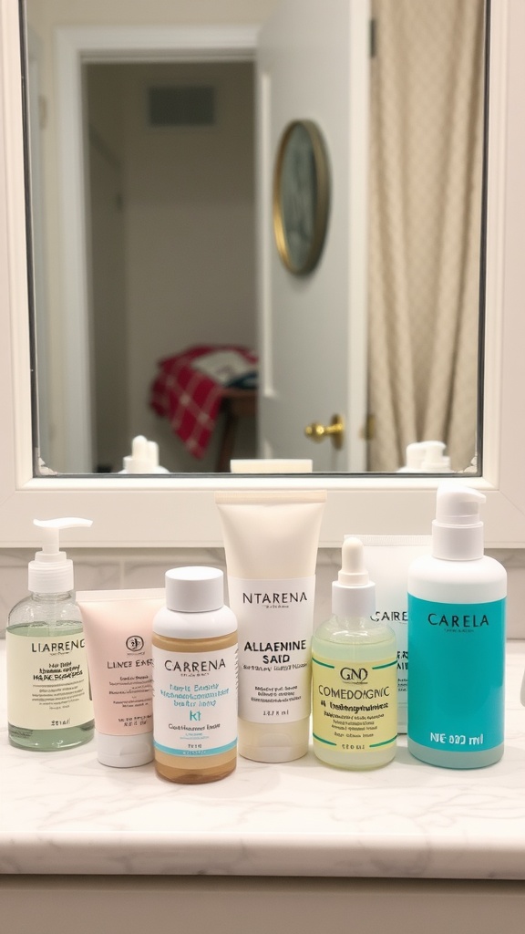 A selection of non-comedogenic skincare products arranged on a bathroom counter.