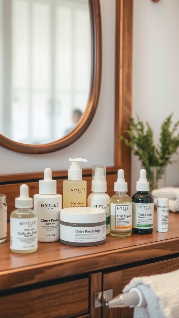 A collection of non-comedogenic skincare products arranged on a wooden vanity.