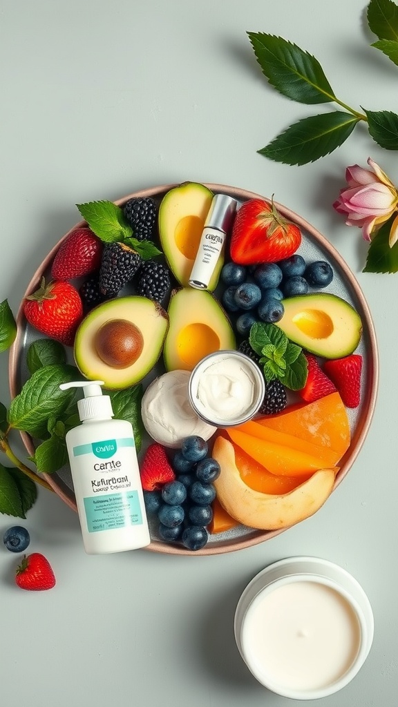 A plate of fresh fruits including strawberries, blueberries, blackberries, and avocados, alongside skincare products.