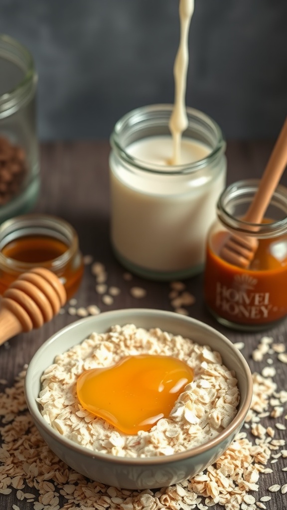 A bowl of oatmeal with an egg yolk, surrounded by honey and milk jars, showcasing natural skincare ingredients.
