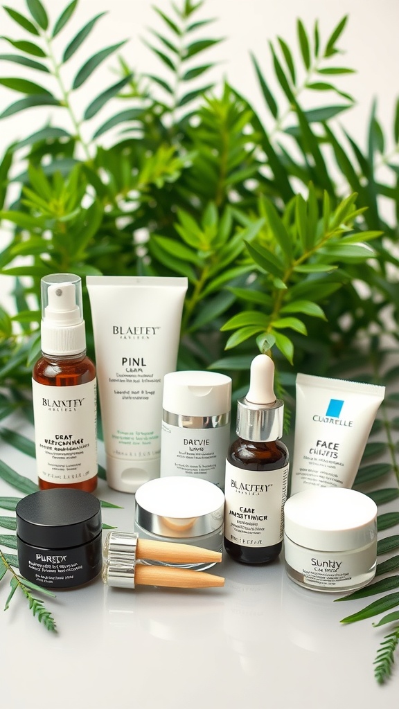 A display of various oil-free skincare products surrounded by green leaves.