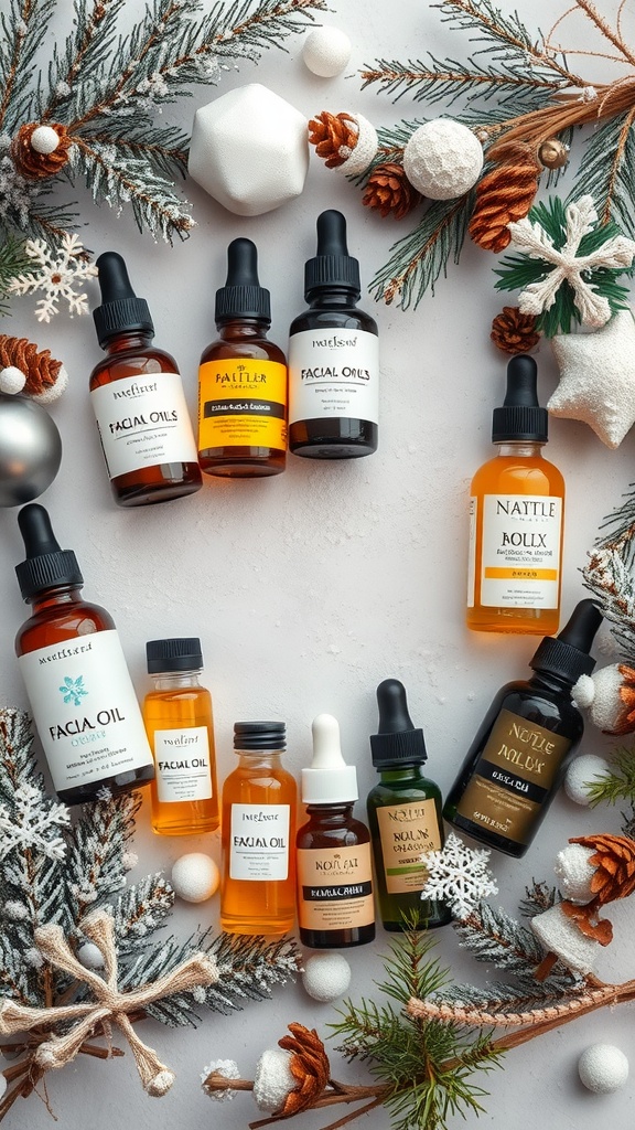 A variety of facial oils displayed with winter decorations