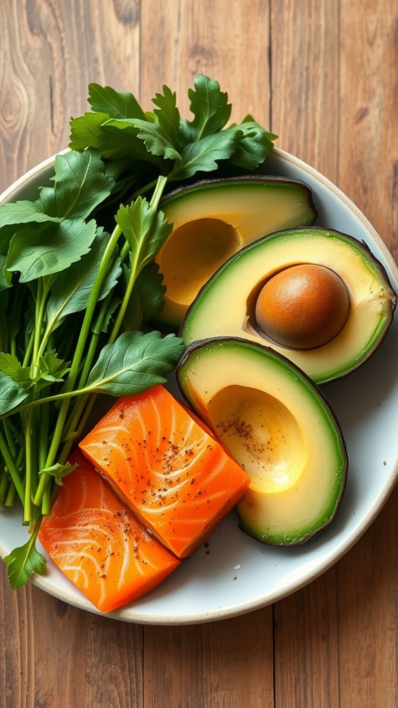 A plate featuring salmon, avocado, and fresh herbs, highlighting ingredients rich in omega-3 fatty acids.