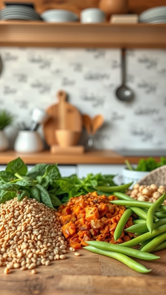 A colorful display of plant-based ingredients including pine nuts, spinach, roasted vegetables, and green beans on a wooden table.