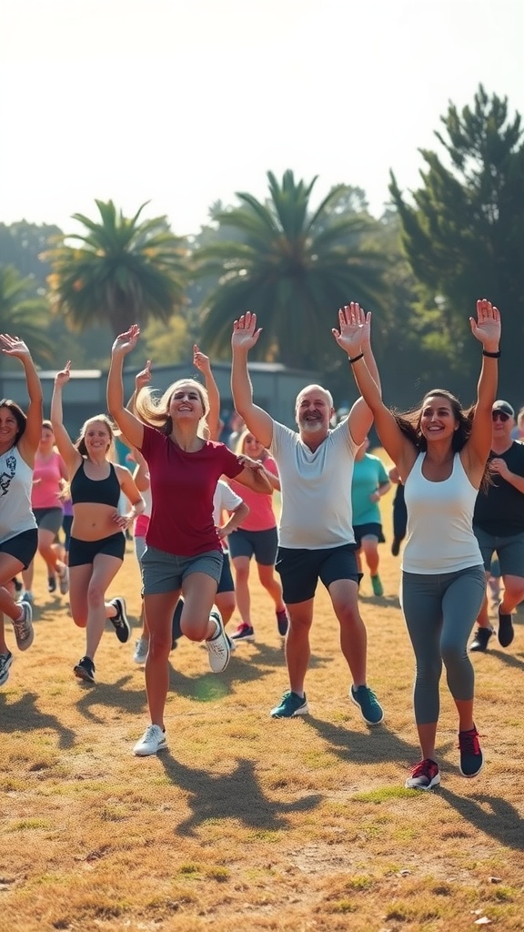 A diverse group of people happily engaging in an outdoor fitness class, raising their arms and enjoying the exercise.