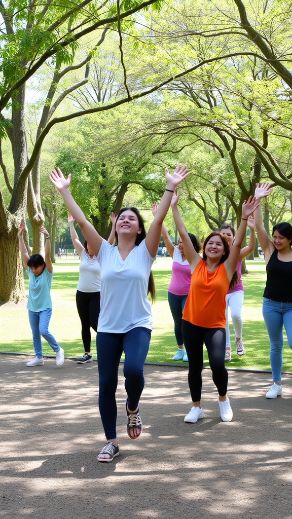A group of people exercising outdoors, smiling and stretching under green trees.