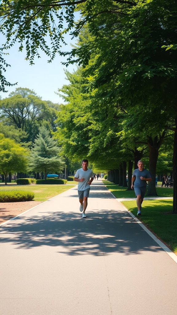 Two men jogging on a tree-lined path on a sunny day.