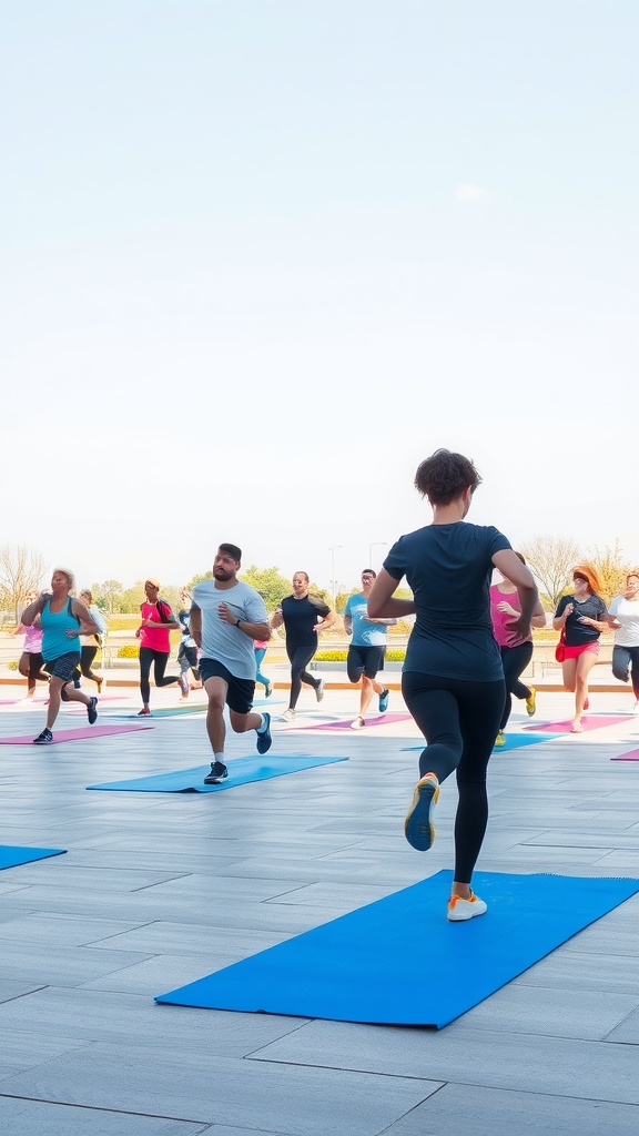 A group of people participating in a workout session outdoors, exercising energetically on yoga mats.