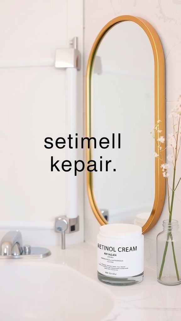 A stylish bathroom setting with a jar of retinol cream on the counter beside a mirror.