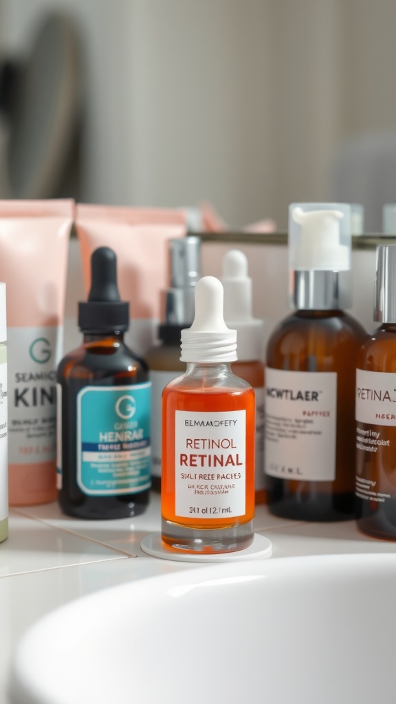 A selection of skincare products including a bottle of retinol, showcasing various serums and treatments.
