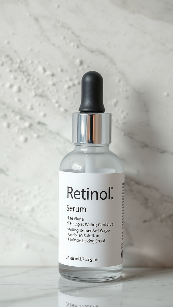 A bottle of Retinol serum on a marble surface