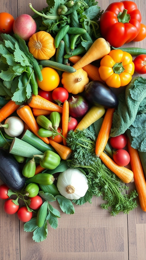 A variety of fresh seasonal vegetables including bell peppers, carrots, and tomatoes arranged on a wooden surface.