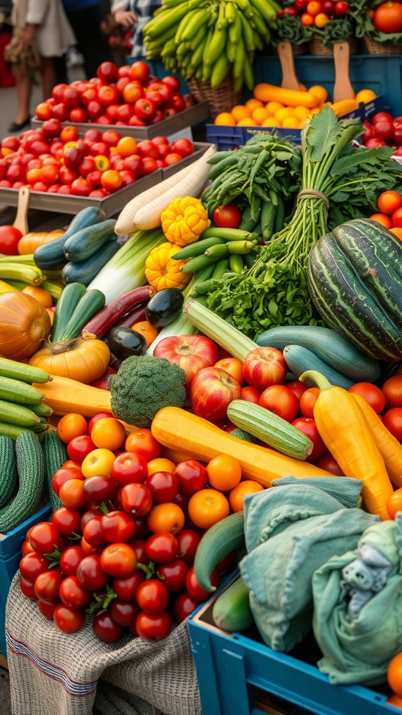 A vibrant display of seasonal produce including tomatoes, zucchini, apples, and greens at a market.