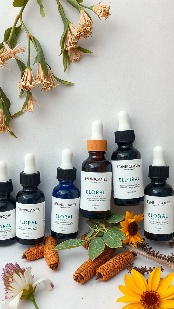 An assortment of skincare serums with natural elements, showcasing various formulations.