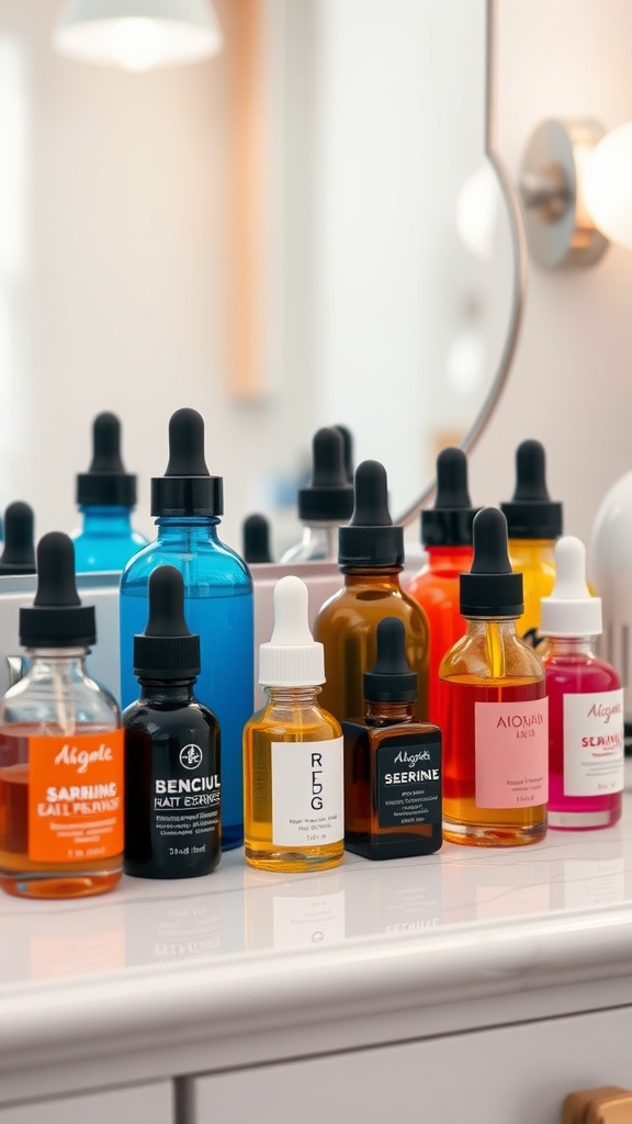 An assortment of colorful serum bottles displayed on a bathroom counter.