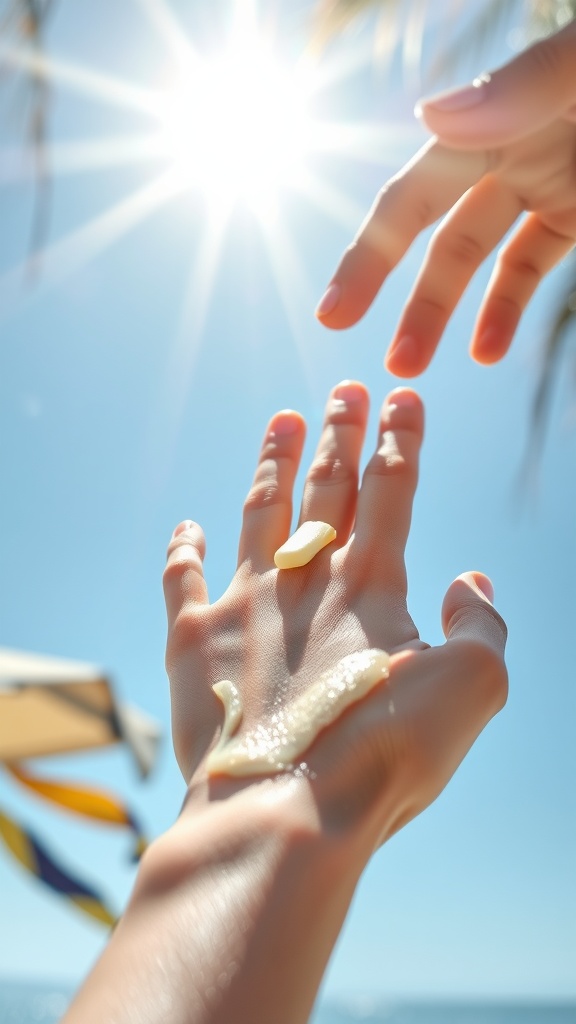 A hand applying sunscreen under bright sunlight.