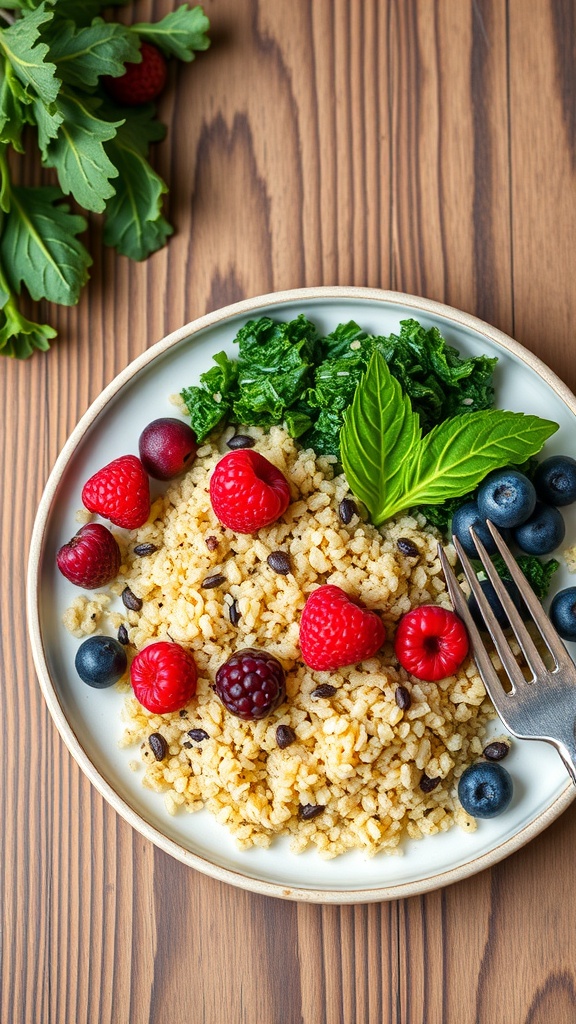 A plate of bulgur wheat with fresh berries and kale, garnished with mint leaves.