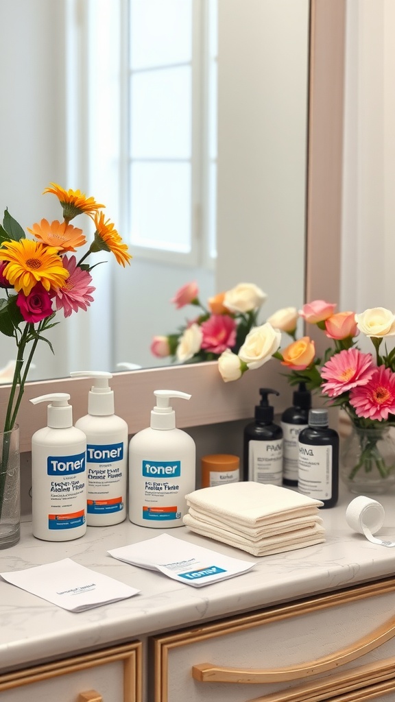 A well-organized vanity with toner bottles, cotton pads, and flowers.