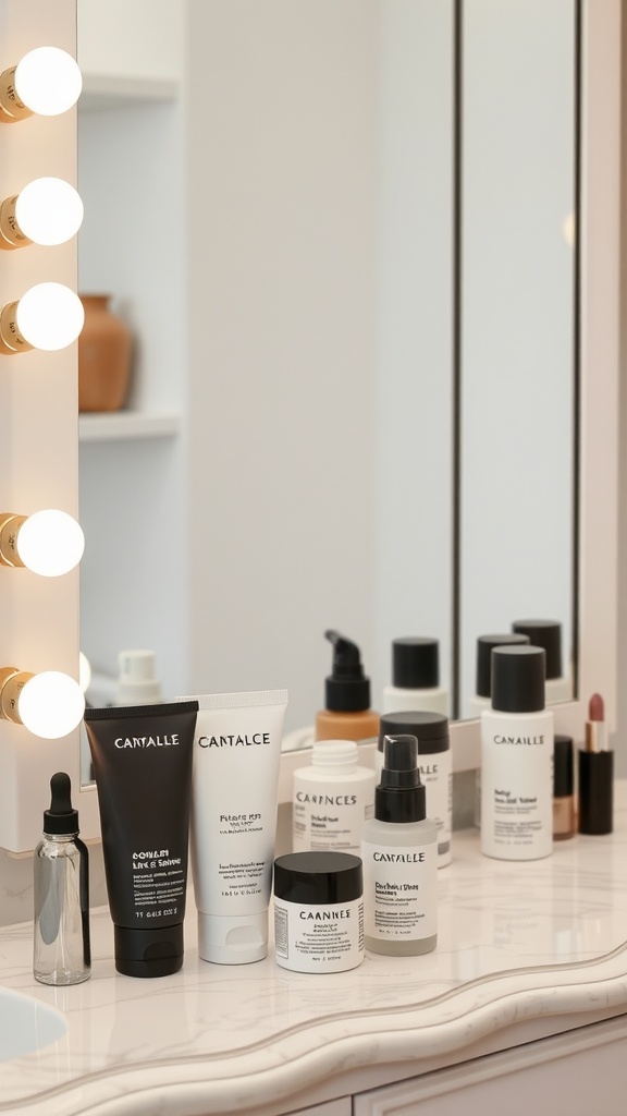 A clean and organized display of skincare products, including toners, on a bathroom counter.