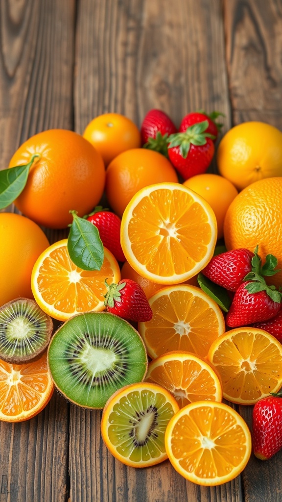 A colorful arrangement of vitamin C-rich fruits including oranges, strawberries, and kiwis on a wooden surface.