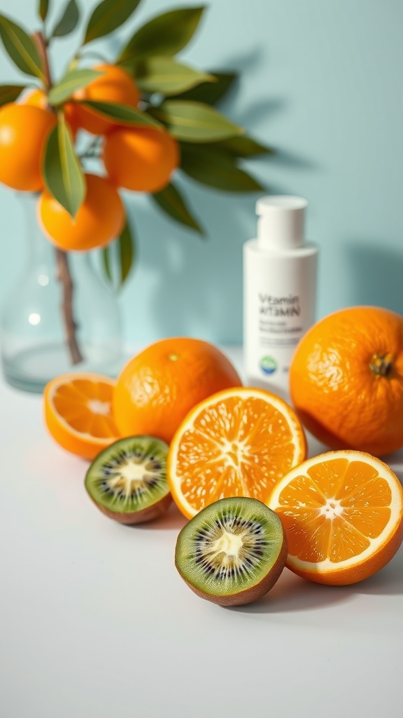 A collection of oranges and a kiwi beside a bottle of vitamin C serum on a light background.