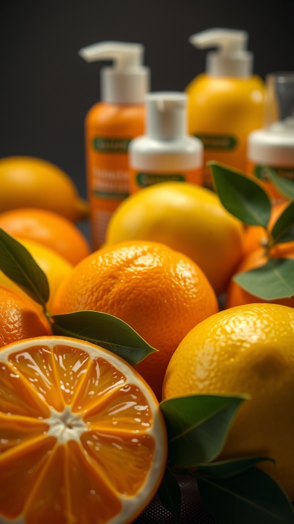 Vibrant oranges in front of skincare products emphasizing the importance of Vitamin C.