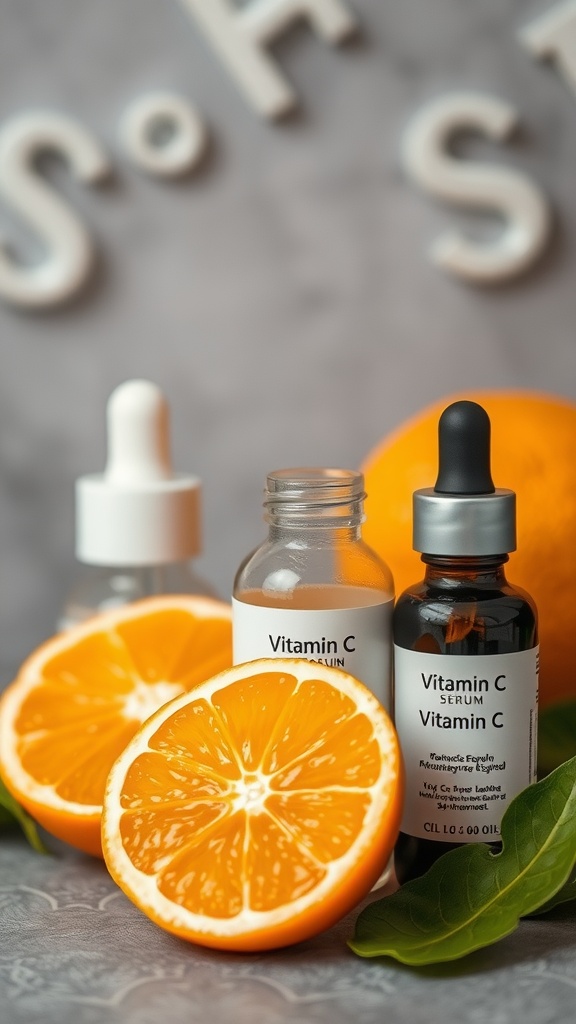 Vitamin C serums and fresh oranges, representing skincare and collagen synthesis