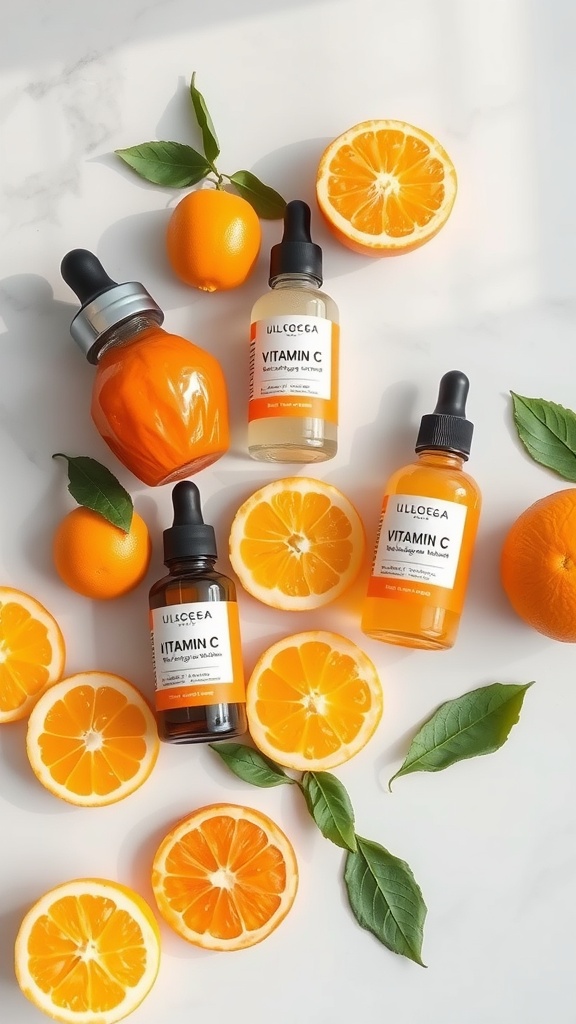 Bottles of Vitamin C serum surrounded by fresh oranges and lemon slices