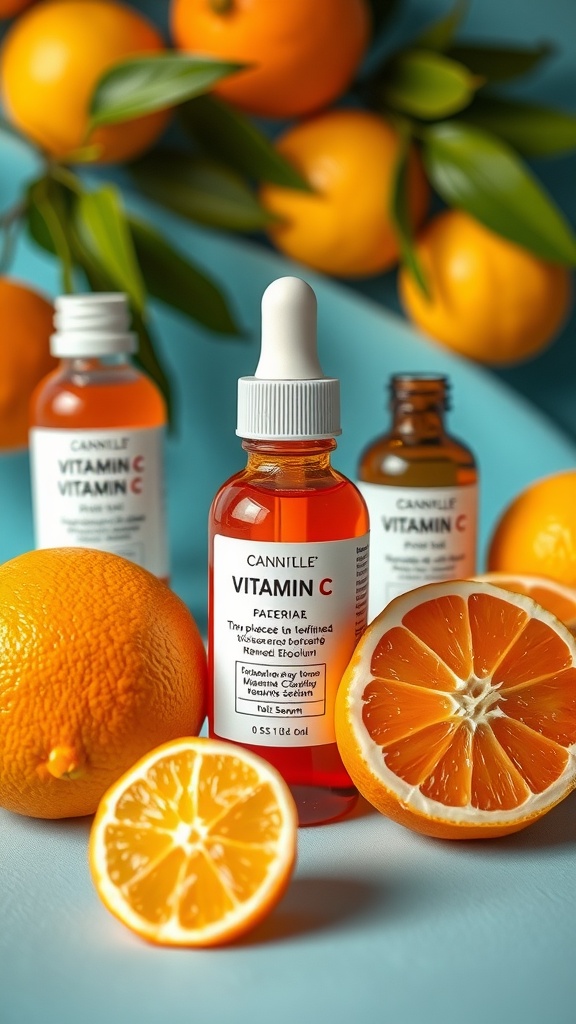 Vibrant display of oranges and Vitamin C serums
