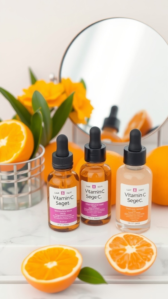 Bottles of Vitamin C serum with fresh oranges and a mirror, showcasing vibrant skincare products.